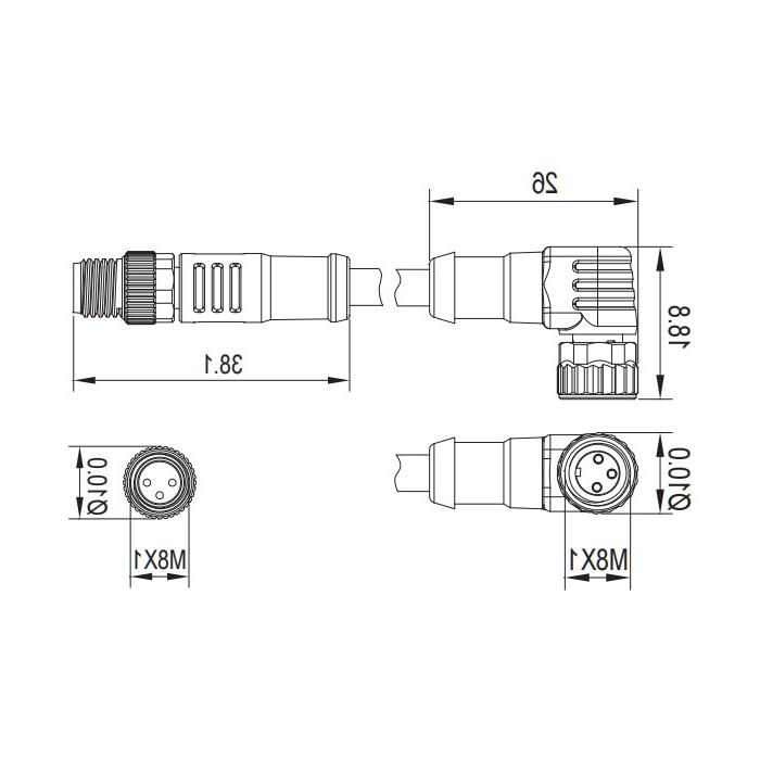 M8 3Pin, female 90° turn male straight, double-ended precast PVC non-flexible cable, gray sheathing, 63D063-XXX