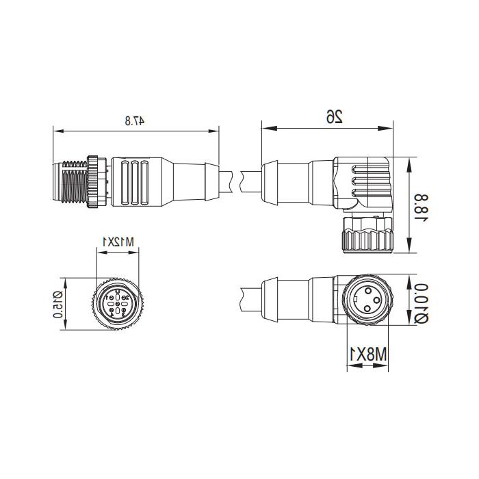 M8 to M12 3Pin, M8 female 90° with LED light to M12 male straight, double-ended precast PUR flexible cable, black sheathing, 63D241-XXX